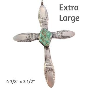 Huge Vintage Sterling Turquoise Antique Silverware Cross Pendant